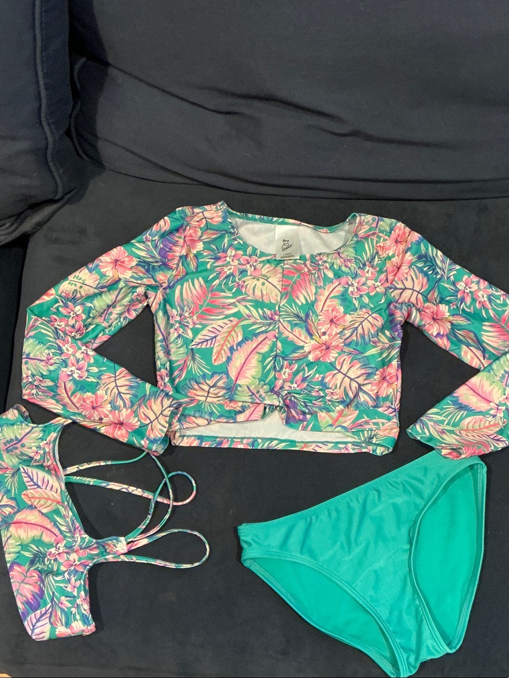art class Girls' Tropical Floral Rash Guard Set - Teal, Pink, Green